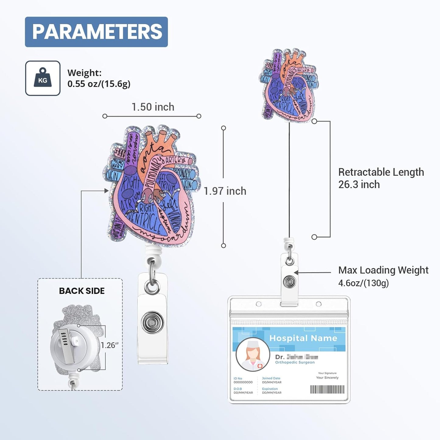 Cardiac Badge Holder Anatomy Funny Nurse Name Tag Holder Heart Retractable Reel ID Card Clip Pediatrics Nursing Badge Clips Medical Assistant for Doctor Student Teacher Office Clinic