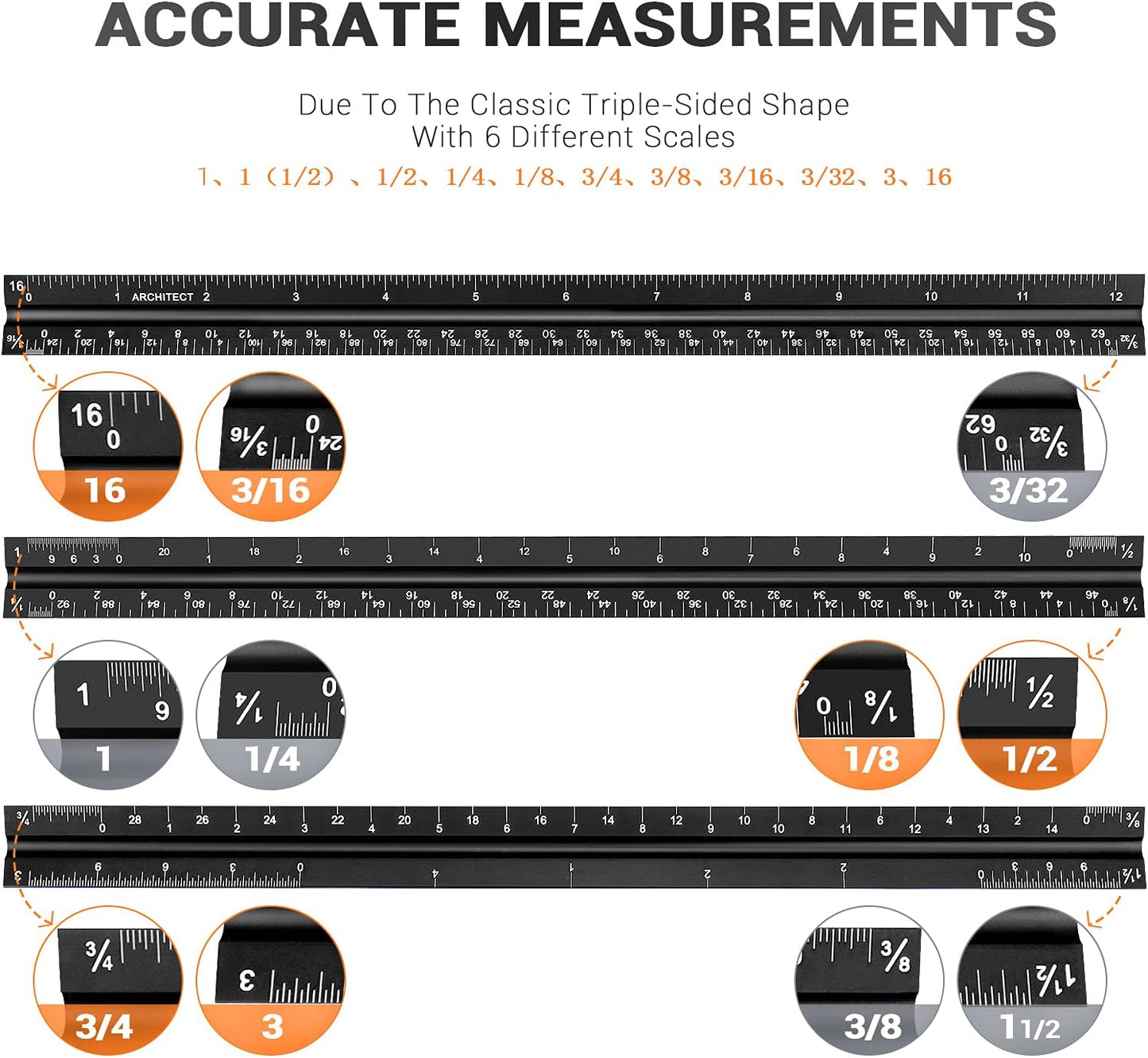 12" Architectural Scale Ruler Aluminum Architect Scale Triangular Scale Ruler for Architects, Draftsman, Students and Engineers, Black