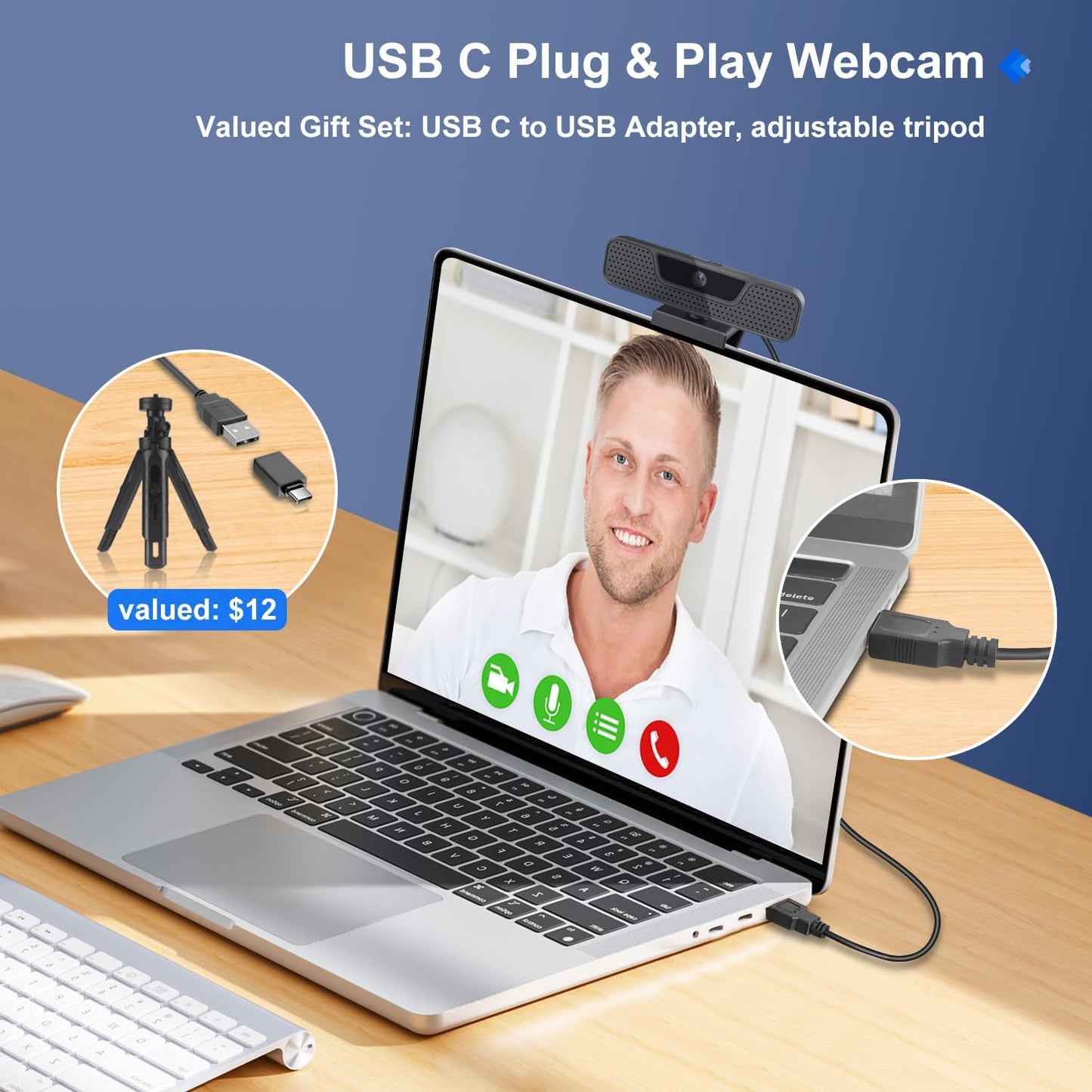 4K Auto Focus Webcam for PC, 4 AI Noise-Canceling Mics UHD Web cam, Auto Light Correction, 85°FOV Computer Web Camera, USB C Plug&Play Webcam with Tripod & Privacy Cover Works w/Zoom/Skype/Google