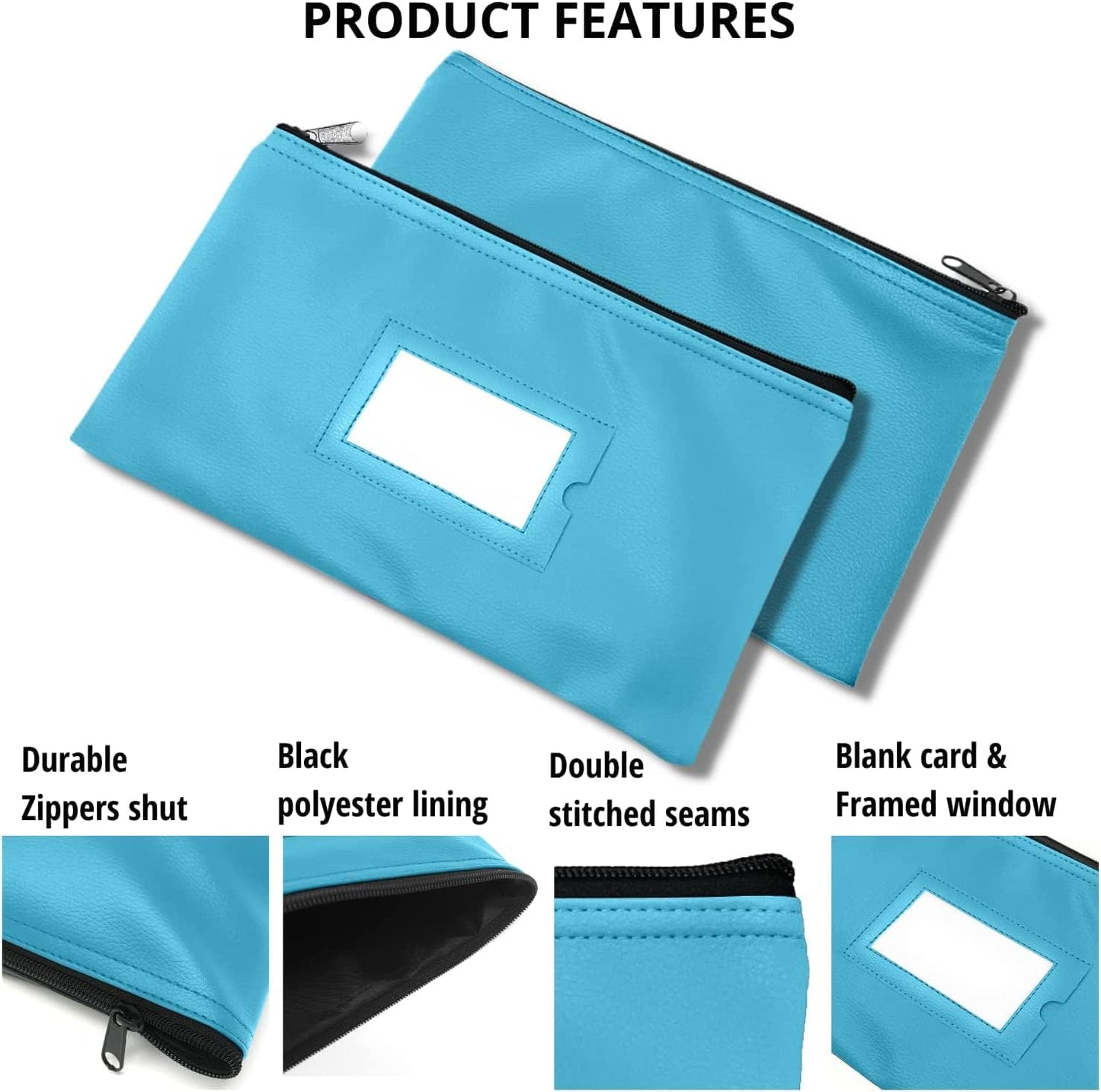Money Bank Deposit Bag with Zipper | 11x6 inch | Light Blue | Durable Leatherette Money Cash Coin Check Wallet Pouch for Men & Women with Framed ID Window and Blank Card | by GIDABRAND (10)