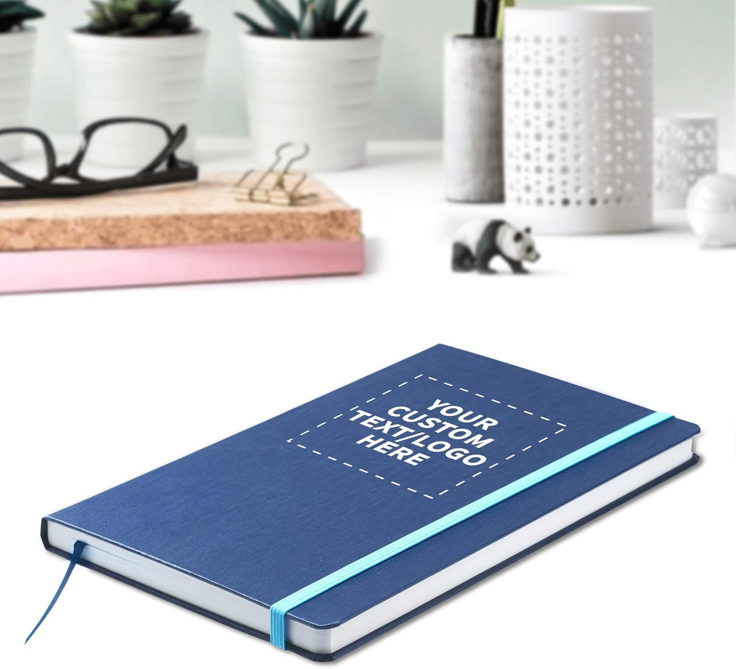 DISCOUNT PROMOS Custom Hardcover Notebook Journals with Elastic Colored Band Set of 6, Personalized Bulk Pack - Perfect for School, Office, Home - Blue