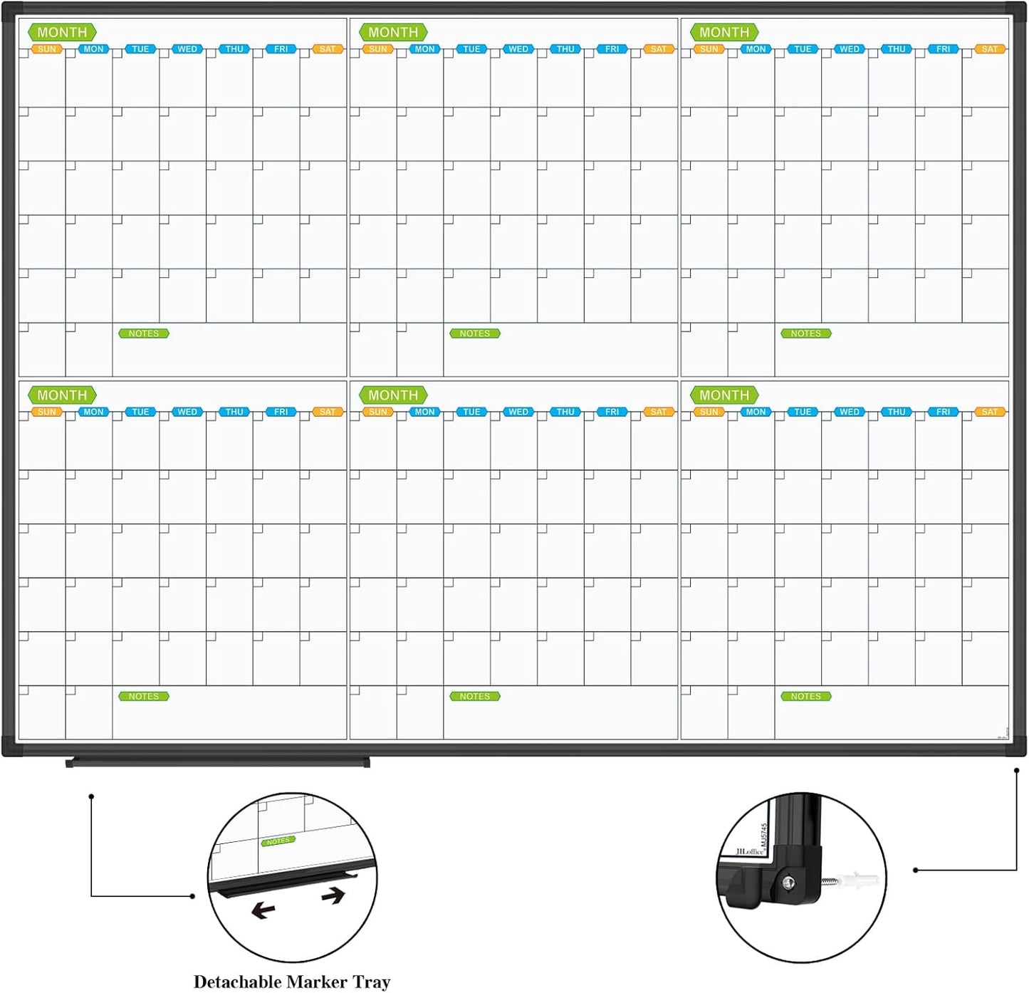 JILoffice Magnetic Dry Erase Calendar Whiteboard, 6 Months White Board Planner 48 X 36 Inch, Black Aluminum Frame Wall Mounted Board for Office Home and School