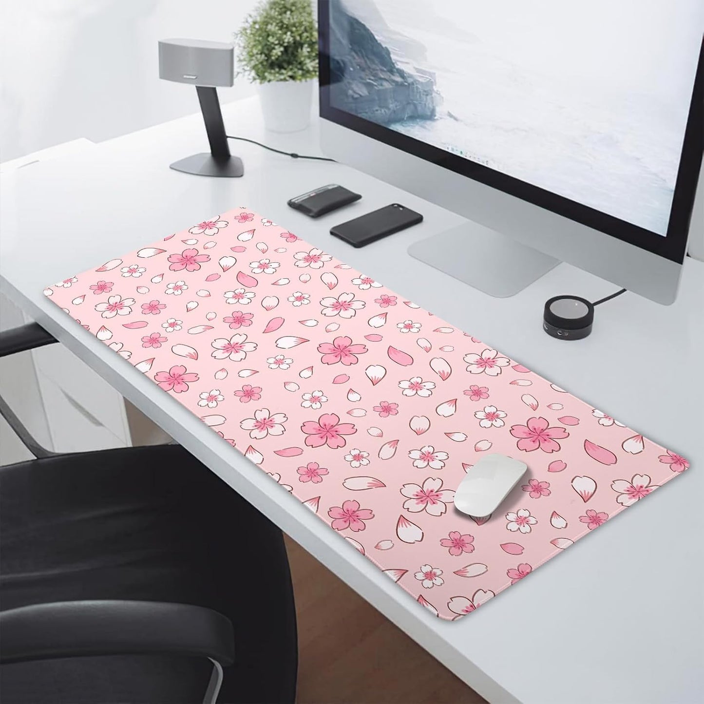 Pink Cherry Blossom Gaming Mouse Pad XXL Cute Anime Aesthetics Floral Extended Kawaii Flowers Large Mousepad Non-Slip Rubber Base Stitched Edge Keyboard Desk Pad Playmat for Computer,35.4×15.7 in
