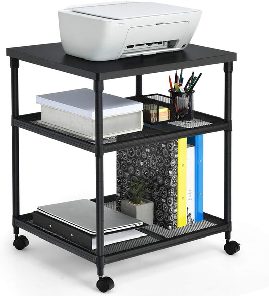 Tangkula 3-Tier Printer Stand Printer Cart, Multifunctional Utility Cart w/Ample Storage Space, 360° Swivel Rolling & Lockable Wheels, Sturdy Iron Frame, Adjustable Heights, Organizer for Office