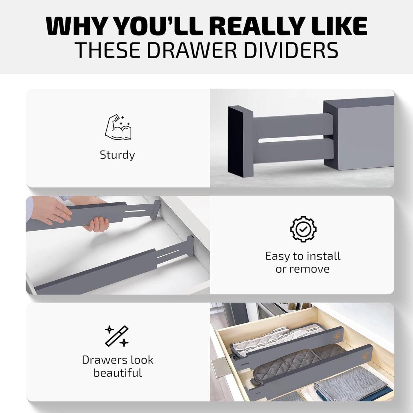 4 Pack Drawer Dividers Bamboo 2.6" High, 16-22" Adjustable Drawer Organizers for Clothes, Expandable Dresser Separators in Bedroom/Bathroom/Kitchen/Office Organization and Storage (Grey)