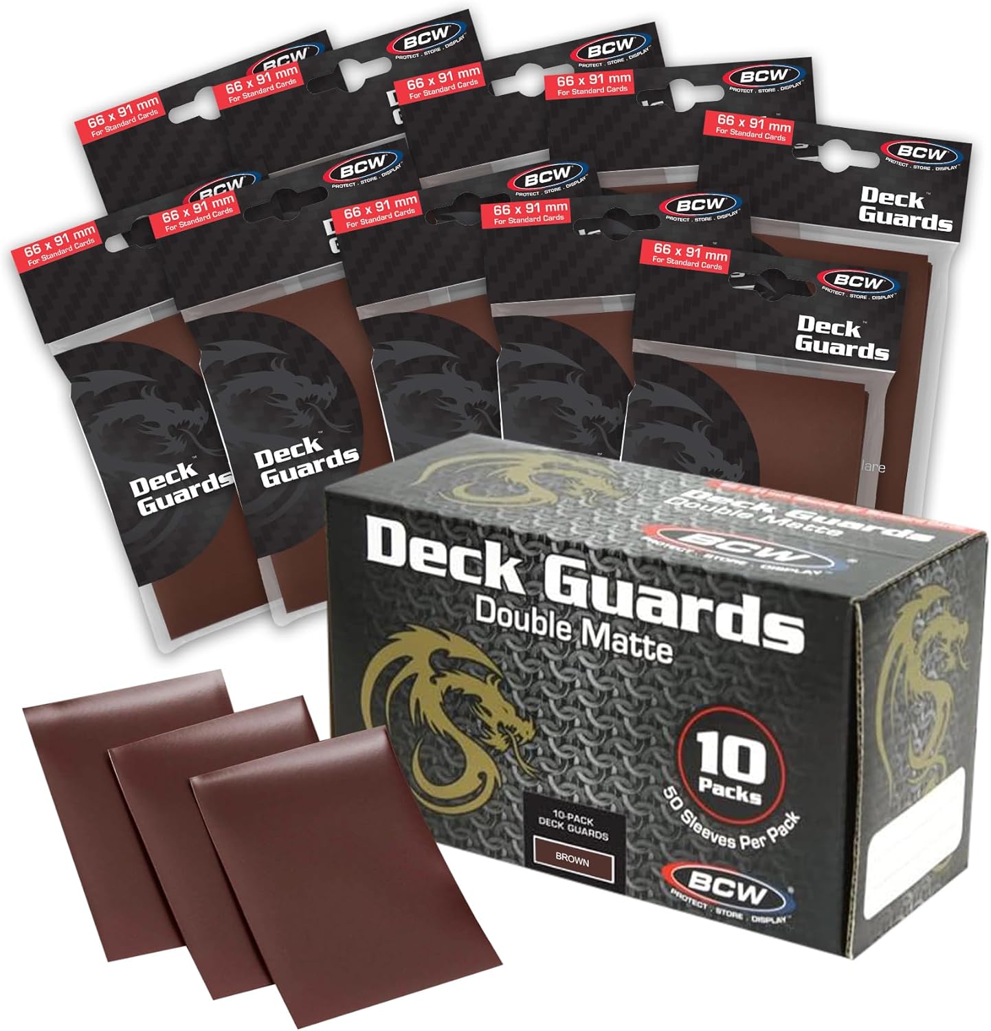 BCW Deck Guard Double Matte Card Sleeves – 500 Count (10 Packs of 50) – Acid-Free, No PVC – Fits 2.5" x 3.5" Game Cards – Archival Safe Card Protection – Brown