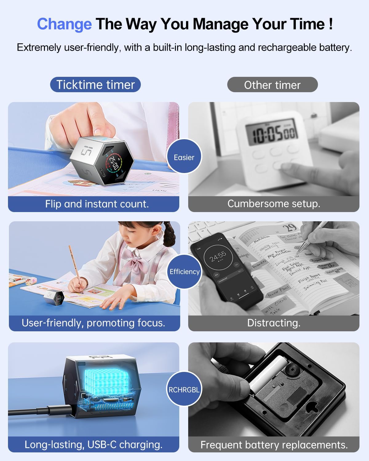 Ticktime Pomodoro Timer Cube, Hexagon Productivity Timer, Pause & Resume, Silent, Vibrate & Adjustable Sound Alert, for ADHD, Task, Work, Study, 5/15/25/30/45/60min & Custom Countdown, Silver