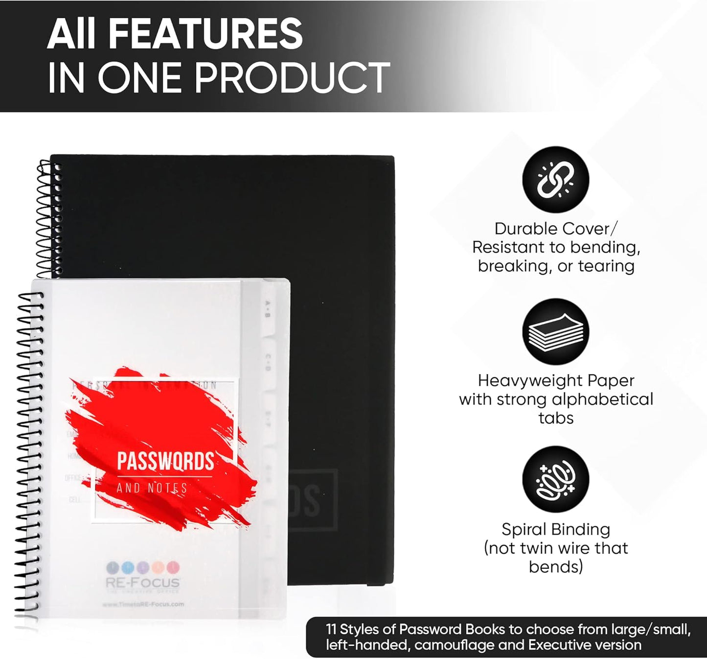 RE-FOCUS THE CREATIVE OFFICE, Password Book Keeper, Black, Small, Mini, Alphabetical Tabs, Spiral Bound, Removable Sheets, Journal Organizer, Includes, Website, Address, Username, Password