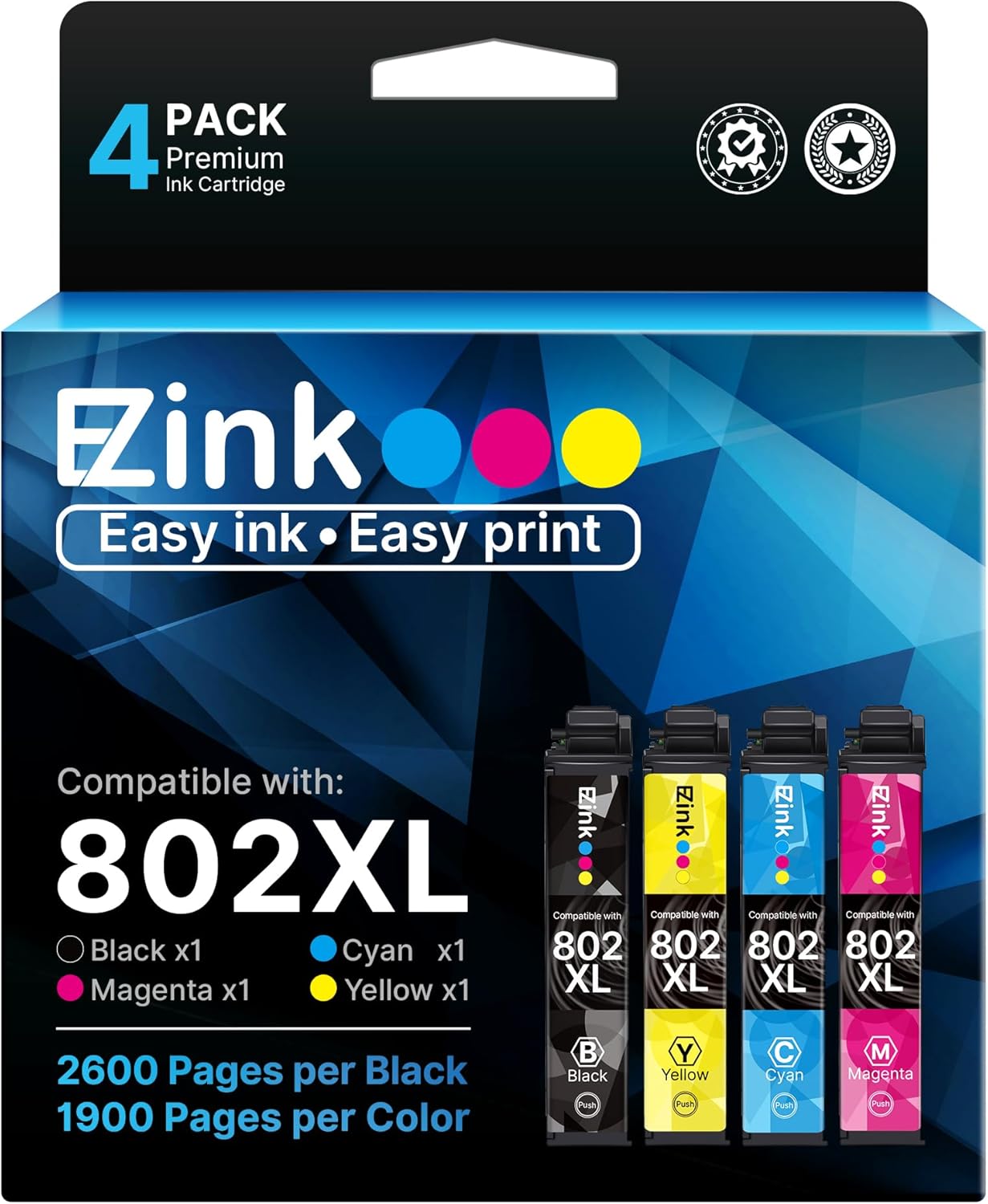 E-Z Ink Remanufactured Ink Cartridge Replacement for Epson 802XL 802 T802XL T802 to use with Workforce Pro WF-4740 WF-4730 WF-4720 WF-4734 EC-4020 EC-4030 (1 Black, 1 Cyan, 1 Magenta, 1 Yellow)