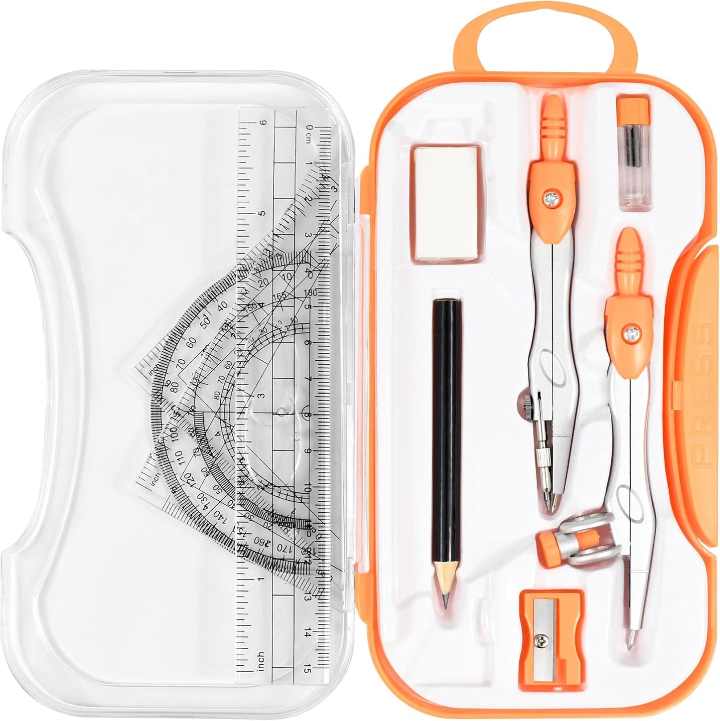 10 Pieces Math Geometry Kit Set Student Supplies with Shatterproof Storage Box,Includes Rulers,Protractor,Compass,Eraser,Pencil Sharpener,Lead Refills,Pencil,for School and Drawings（Orange）