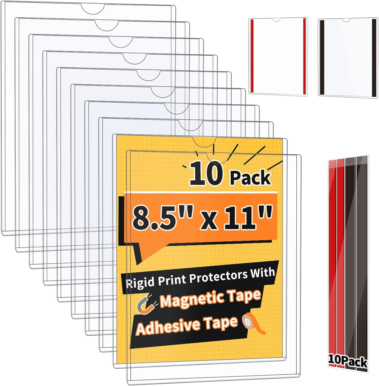 10 pack Magnetic Sign Holder 8.5 x 11 Wall Mount | Adhesive Document Frame for Posters, Menus, Notices | Rigid Plastic Sheet Protector with Strong Magnet Strips & Adhesive Tape | for Office Door, Retail Glass, Metal Surfaces