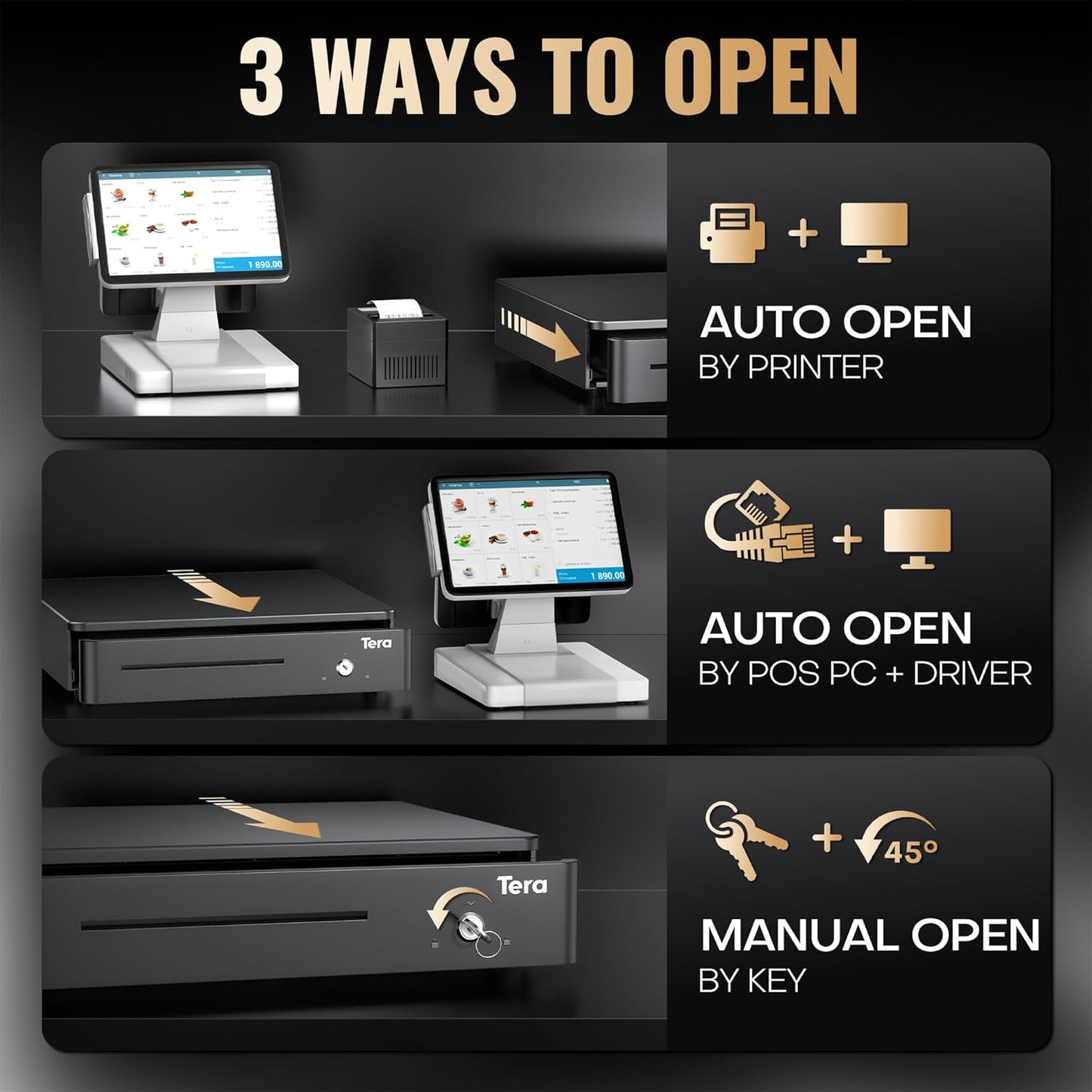 Tera 13" Auto Open Cash Register Drawer Heavy Duty Fully Removable Insert Tray 5 Keys 4 Bill 6 Coin Media Slot 24V RJ12 Key-Lock (Round Corner) for POS System Small Business 330R