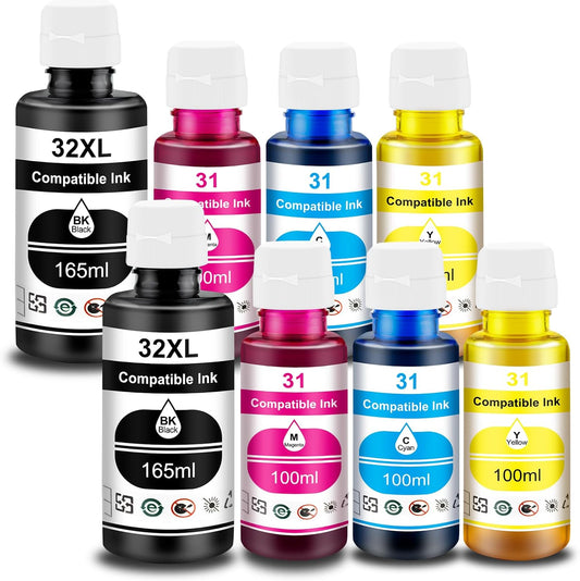 Pristar 8 Pack 32XL 31 Ink Compatible with HP 31 32XL Ink Bottle Set Replacement with HP Smart Tank 6001 5101 651 5000 7301 7001 7602 5102 Plus 551 455 457 450 (165 ML 32XL Black, 100 ML 31 CMY