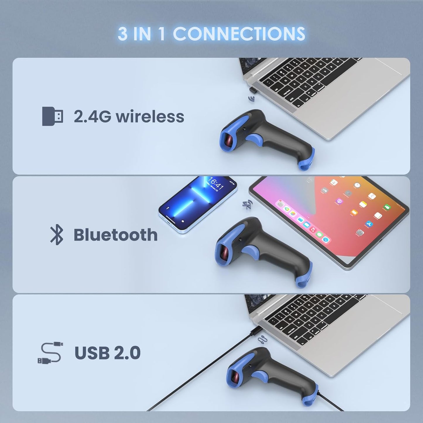 Eyoyo 2D Bluetooth Barcode Scanner Wireless, 2500mAh Handheld Cordless USB Wired QR Bar Code Reader for Library, Warehouse Inventory Compatible with iPad, Android Phone, iPhone, Laptop