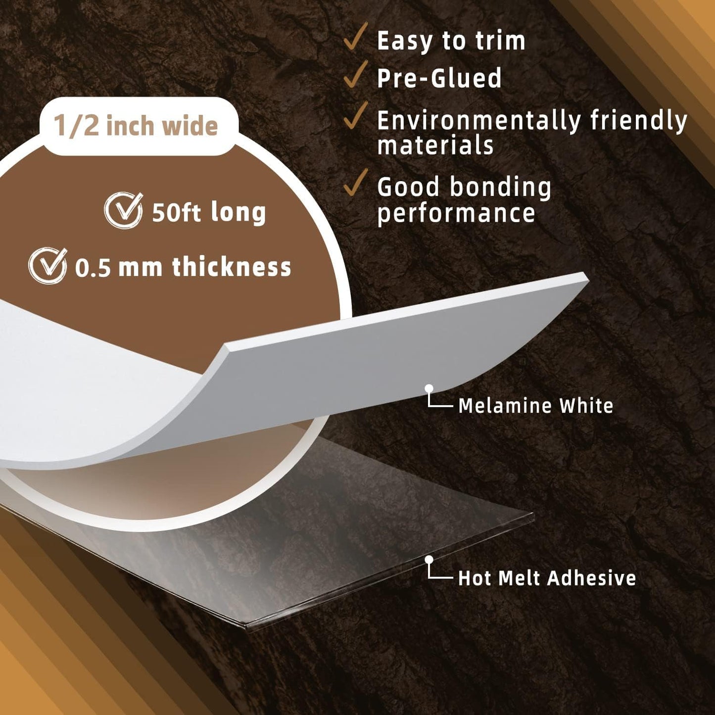 GSCIT Club White Melamine Edge Banding, 1/2 inch x 50ft Edge Banding with Hot Melt Adhesive Pre-glued Cabinet Edge Banding Flexible White Veneer Edging for Plywood