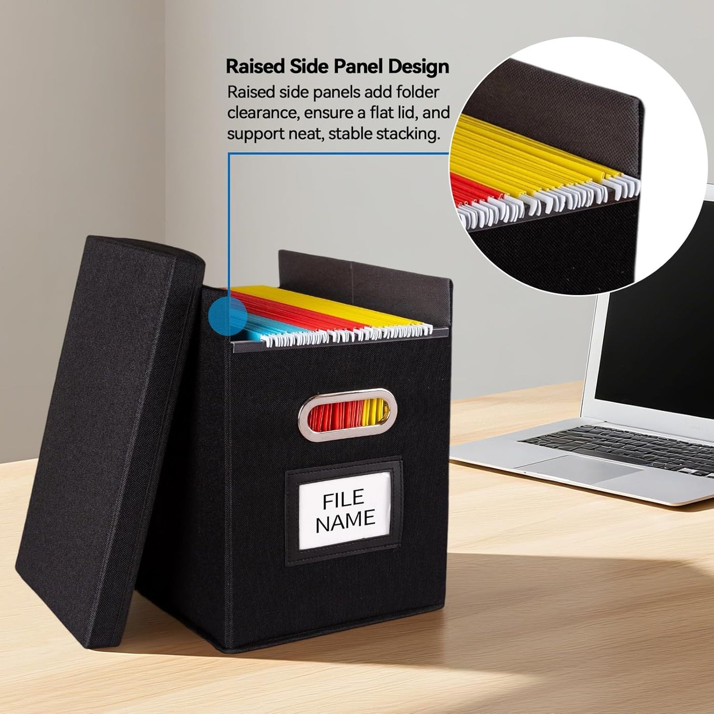 4 Pack Hanging File Folders Organizer with Lid, Letter Size Fabric File Storage Box Collapsible, Portable Office Document Holder with Metal Handle, Smooth PVC Rails, Black