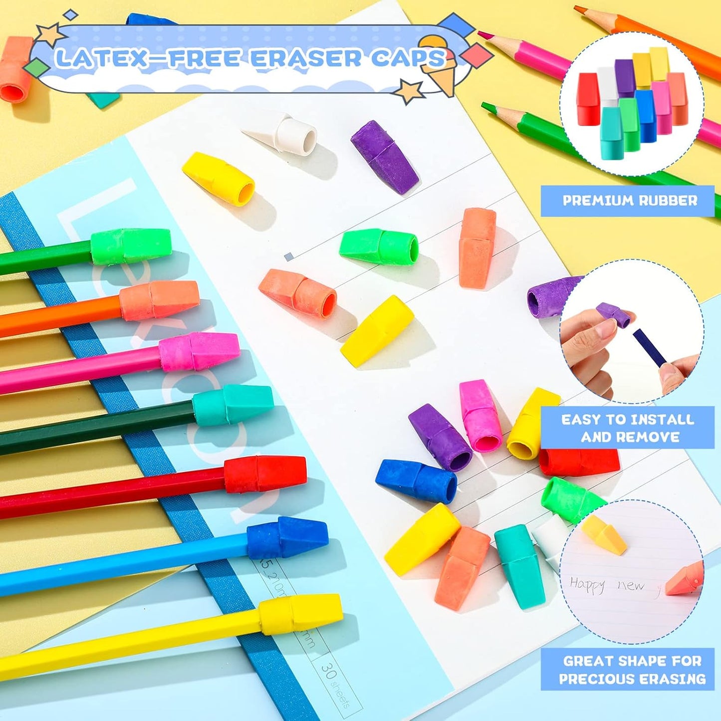 Crtiin 1000 Pcs Pencil Top Erasers Bulk Caps for Pencils Chisel Shape Erasers Toppers Classroom Party Favors Games Prizes Funny Pencil Eraser Cap for Kids Studying Supplies Home Office