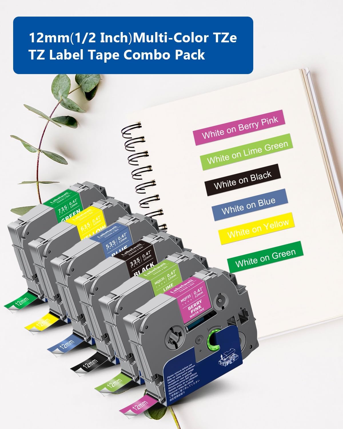 6-Pack Compatible TZe Label Tape 12mm 0.47 Laminated Multi-Color TZe-335 535 635 735 MQP35 MQG35 TZe-231 TZ Tape for PT-H110 D210 D220 D400, Black/Blue/Yellow/Green/Pink/Lime Green