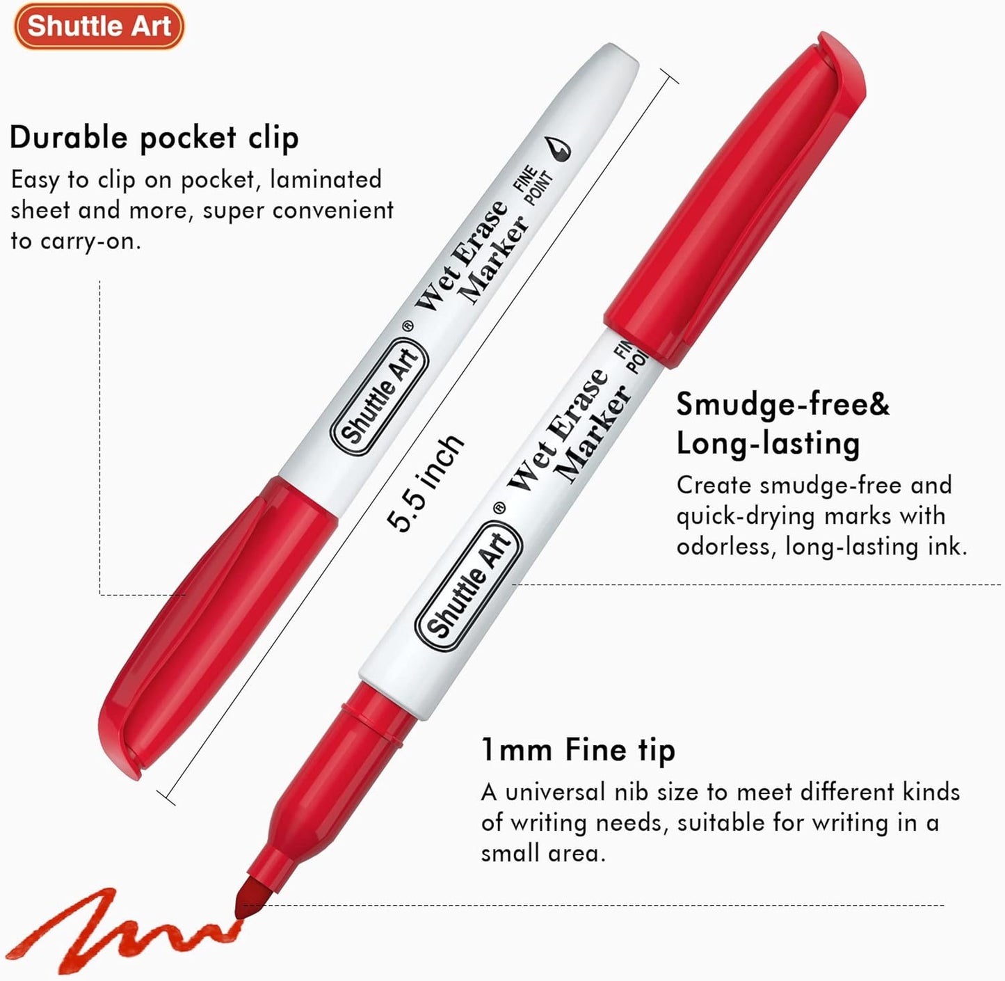 Shuttle Art Wet Erase Markers, 12 Colors 1mm Fine Tip Overhead Projectors Transparency Smudge-Free Markers, Works for Laminated Calendars Whiteboard Schedule Glass, Wipe with Water