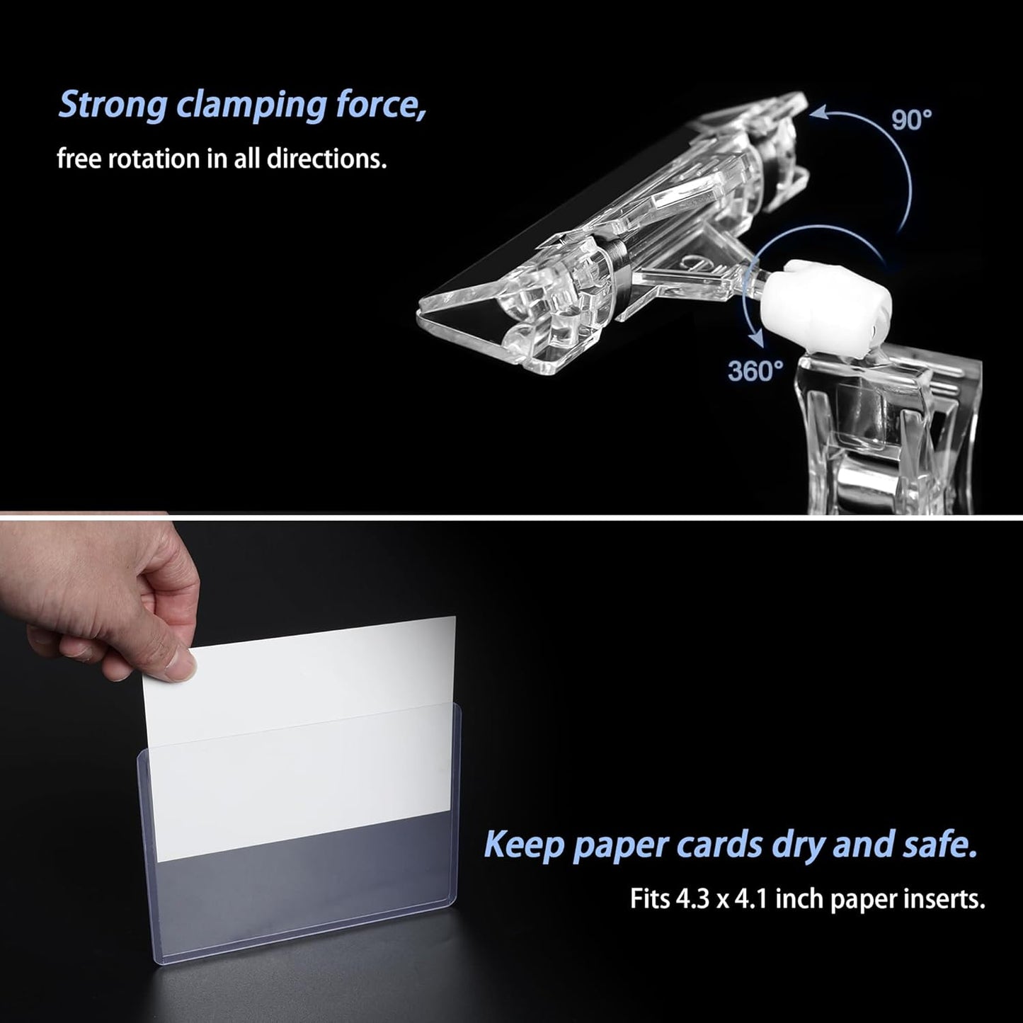 Mlici Clear Rotating Sign Holder with Clip, 16 PC Sign Clips POP Swivel Sign Holding Clamp for Retail Store Office, 4x6 Inch PVC Card Holder Protector for Merchandise Display Tags