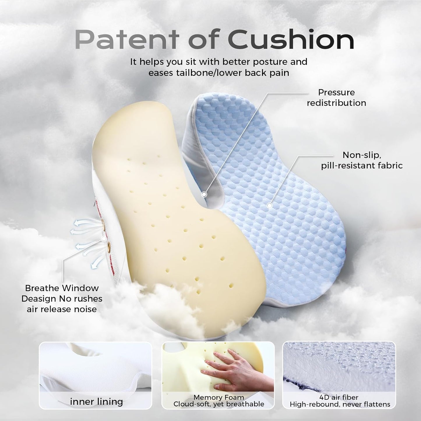 Seat Cushion for Tailbone Pain Relief X-Large ,Ergonomic Office Chair Cushions for Butt Hip Lower Back & Sciatica Pain Relief Pillow,Pressure Relief Seat Cushion for Long Sitting, Car & Plane（Blue)