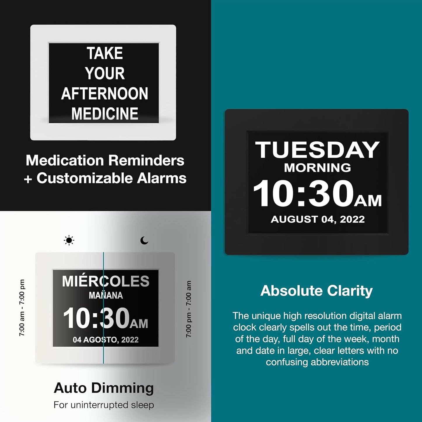 American Lifetime Large Digital Wall Clock for Seniors, Black Polished, 8-Inch High Resolution Display, Easy to Read, Customizable Alarms, Auto-Dimming, Multi-Language Support, Battery Backup