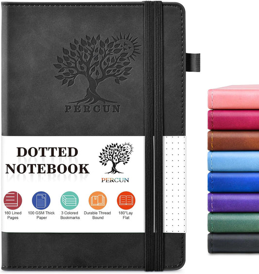 Dotted Journal Notebook for Men & Women, 160 Pages Dot Grid notebook for Note Taking, Bullet Journaling Notebook for Work, School, Travel, Writing, A5 Hardcover 5.9" x 8.5"(Black)