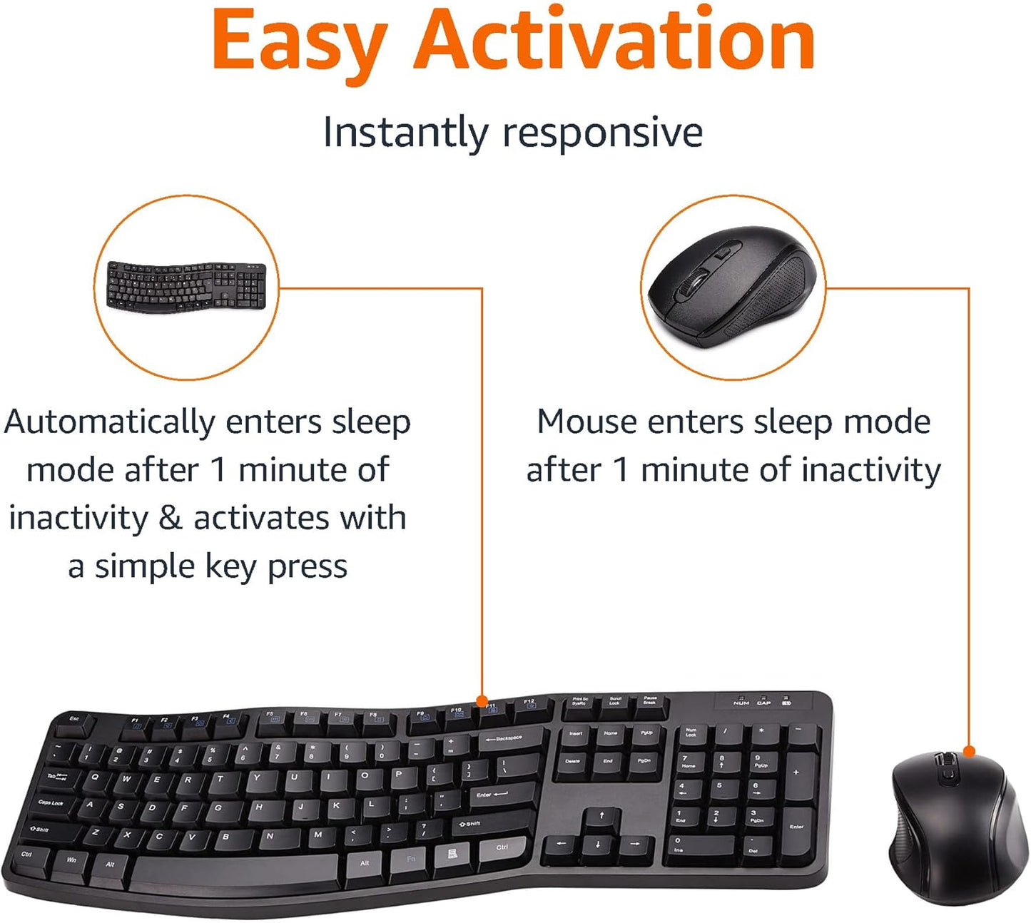 Amazon Basics Ergonomic Wireless Keyboard and Mouse Combo for Comfortable PC and Laptop Use, 2.4 GHz USB, Black