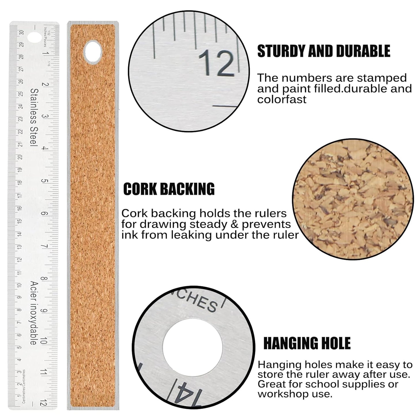 Stainless Steel Metal Ruler - 6 Inch, 12 Inch, 18 Inch Straight Edge - Non Slip Cork Backed - Inch and Metric