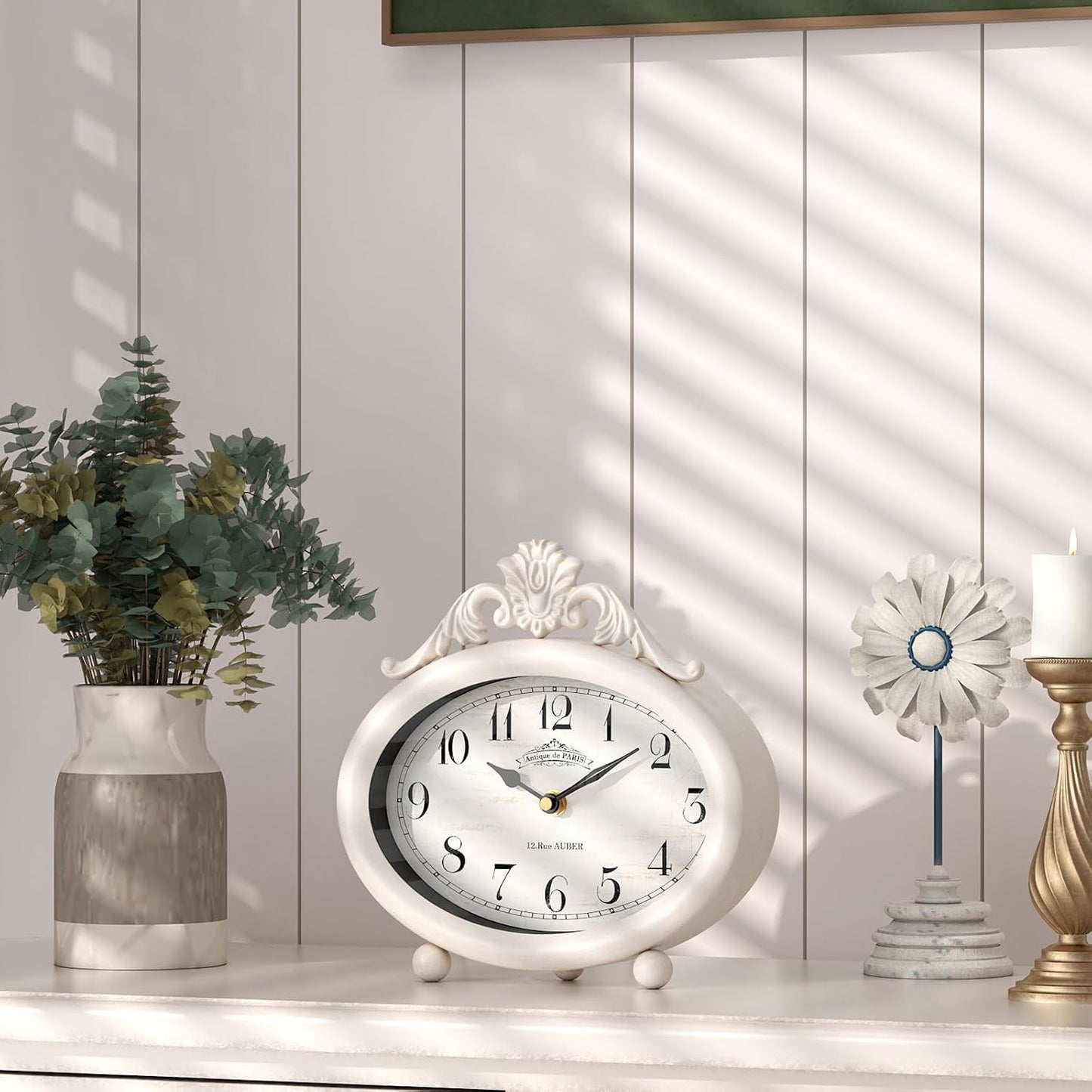 Vintage Table Clock, Desk and Shelf Decor Clock, French Rustic Antique Style White Mantel Clocks, for Farmhouse, Living Room, Bedroom, Bedside, Gift (7.87" H x 7.87" W)