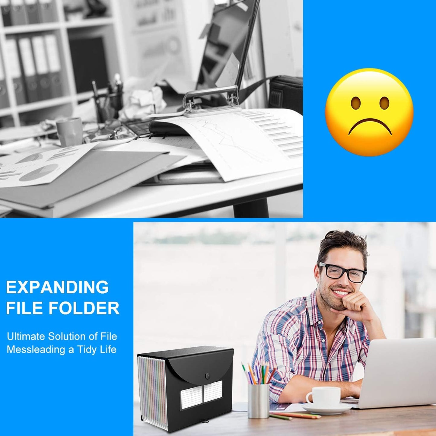 Accordion File Organizer, 12 Pockets Expanding File Folders, Portable Monthly Bill Receipt Documents Organizer with Colorful A-Z Tabs, Letter/A4 Size - Blue