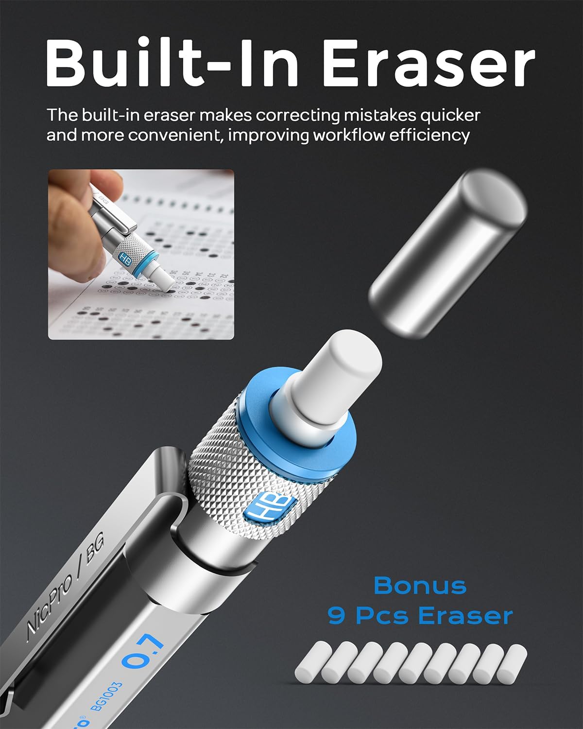 Nicpro Blocky Gear 0.7 mm Mechanical Pencils Set in Case, Metal Pencil with Lead Refills, Eraser for Professional & Adult Art Writing Drafting Drawing
