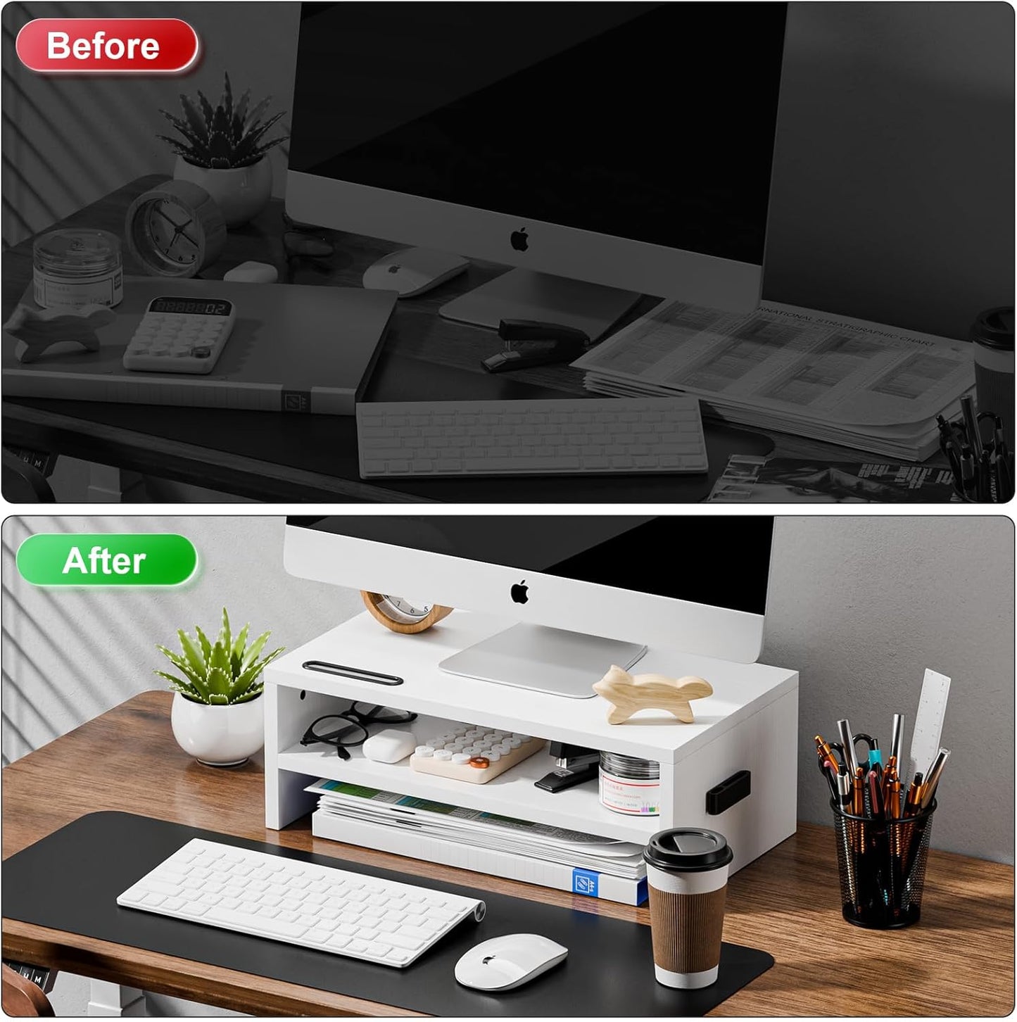 Marbrasse Monitor Stand Riser, 16.5 Inch 2 Tier Computer Printer Shelf Stand for Laptop Computer Screen Storage, Desktop Stand with Phone Holder and Cable Management (White)