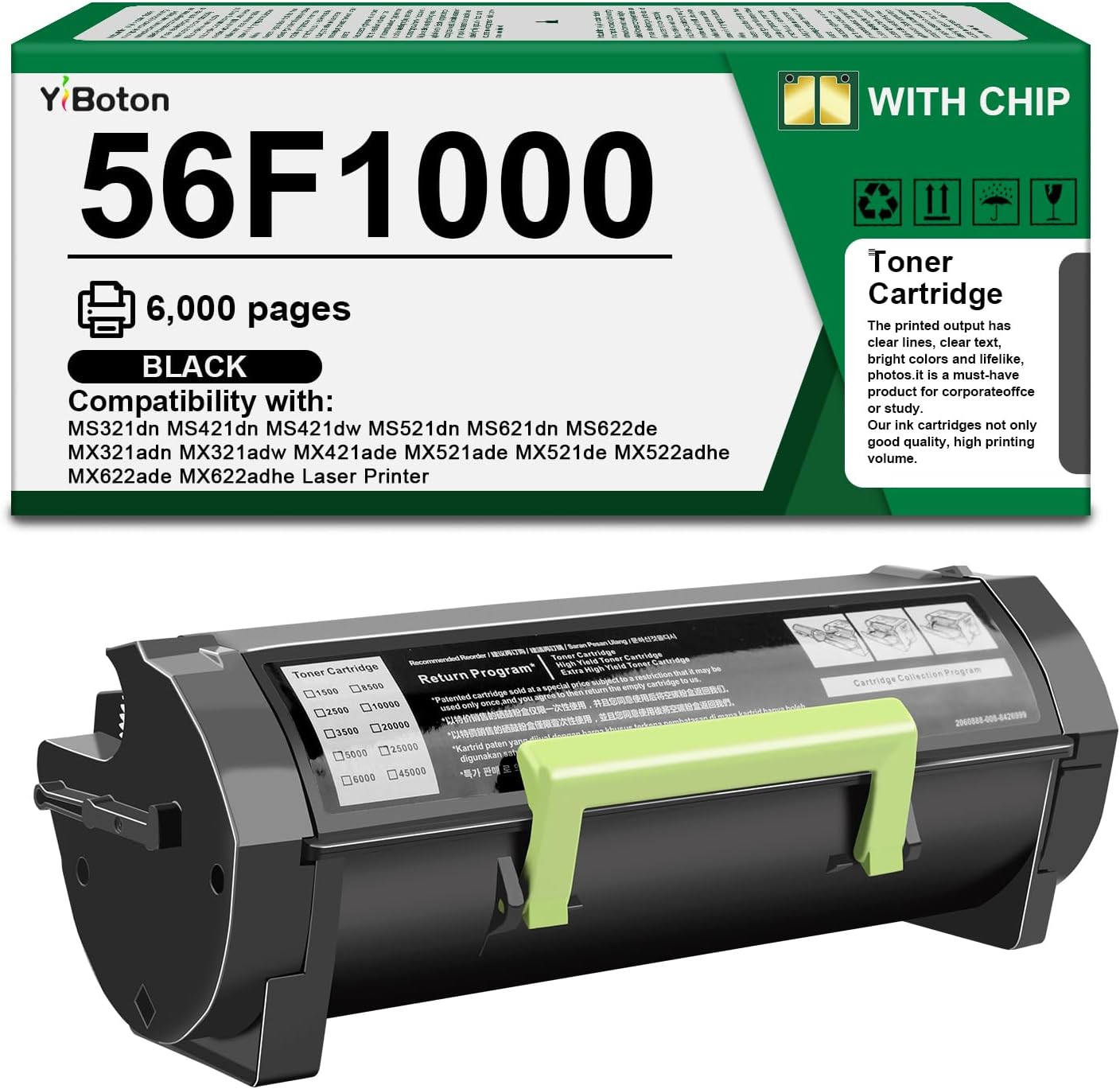 High Yield 56F1000 Black Toner Cartridge Compatible with Lexmark 56F1000 56F000G Toner Cartridge for MS321 MS421 MS521 MS621 MX521 MX522 MX622 MS622 MX321 MX421 Laser Printer(6,000 Pages)