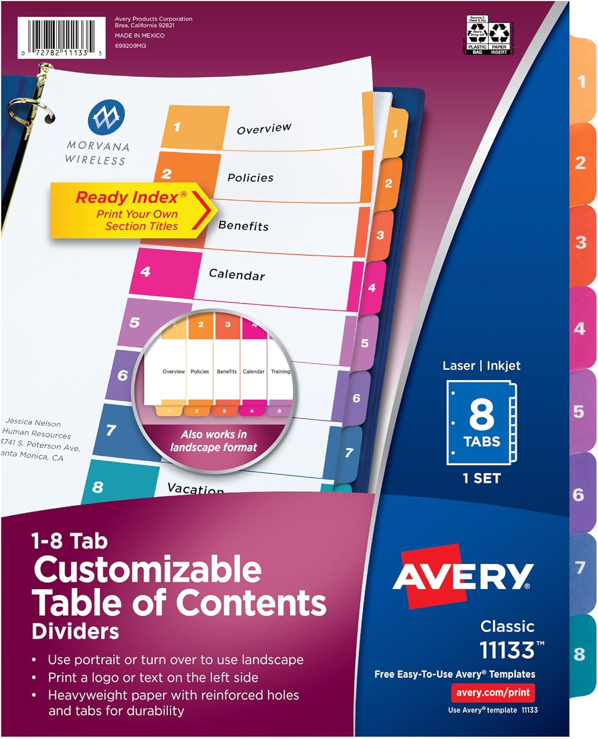 Avery Dividers for 3 Ring Binders, 8 Tabs per Set, Customizable Table of Contents, Multicolor Tabs, Great for Organizing Reports, Projects, and More (11133)