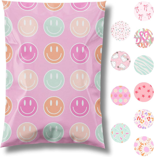 14.5x19 Designer Poly Mailer 100 Pack Heavy Duty Waterproof Self Seal Shipping Bags for Small Business Large Mailing Envelopes Bulk Tear Resistant Cute Packaging Smiley Face