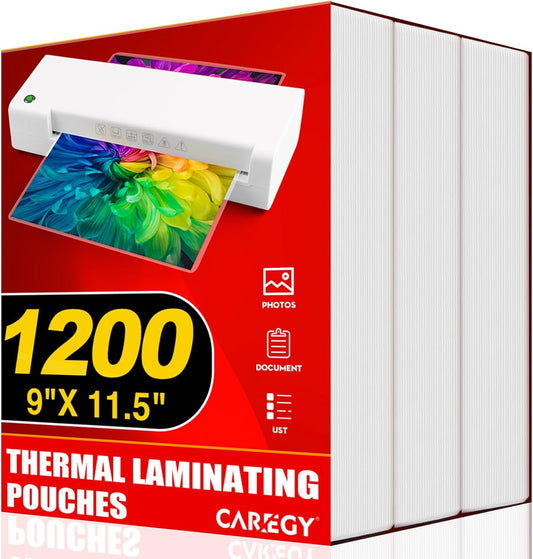 CAREGY Thermal Laminating Pouches, Holds 8.5 x 11 Inch Sheets,1200 Pack Laminating Sheets, 3 Mil, 9 x 11.5 Inches Lamination Sheet Paper for Laminator, Clear, Letter Size, Office and School Supplies