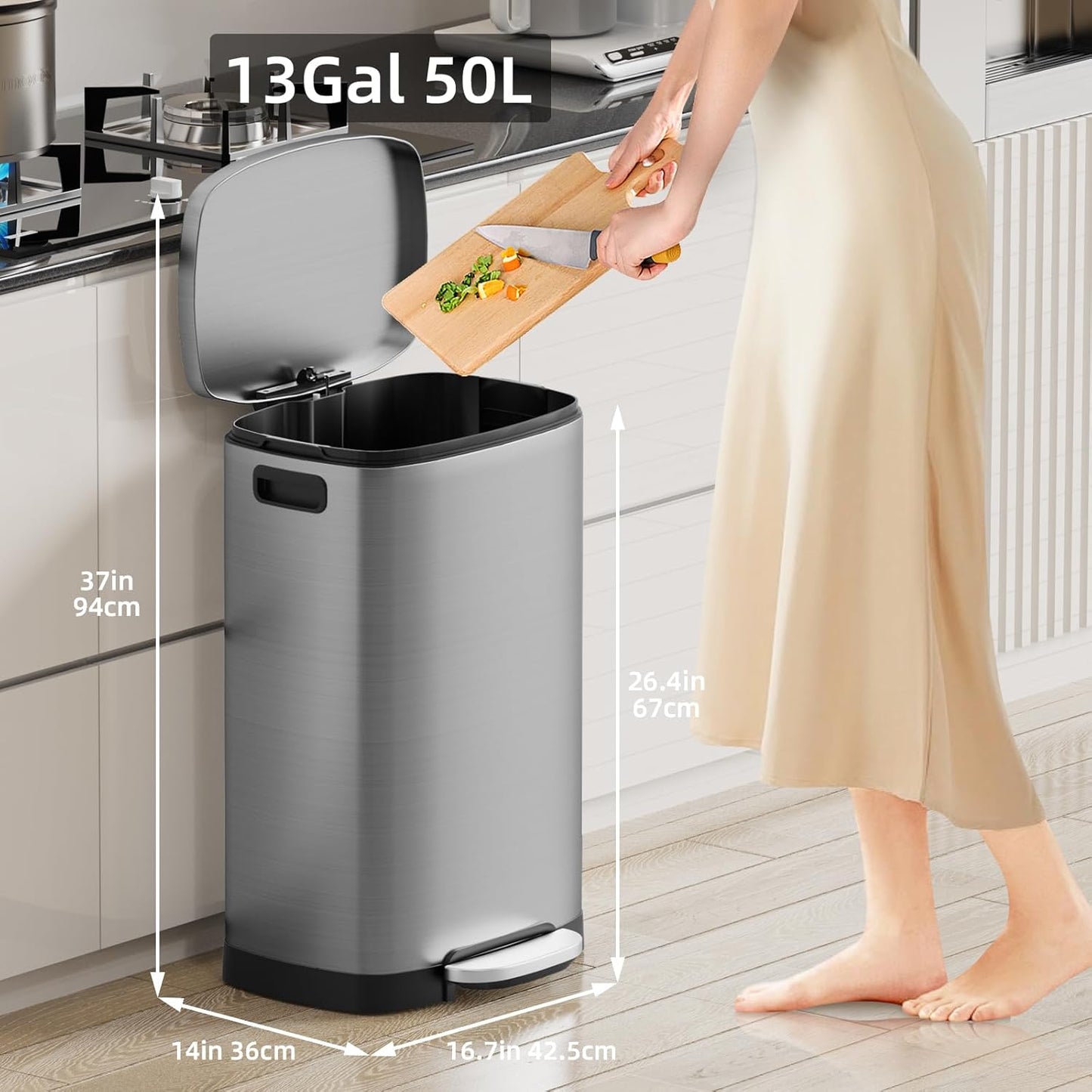 KUK 13 Gallon/50L Stainless Steel Kitchen Trash Can with Lid and Step Pedal-Large Capacity Garbage Bin with Odor Seal, Silent Close Lid, Removable Inner Bucket, Titanium Silver