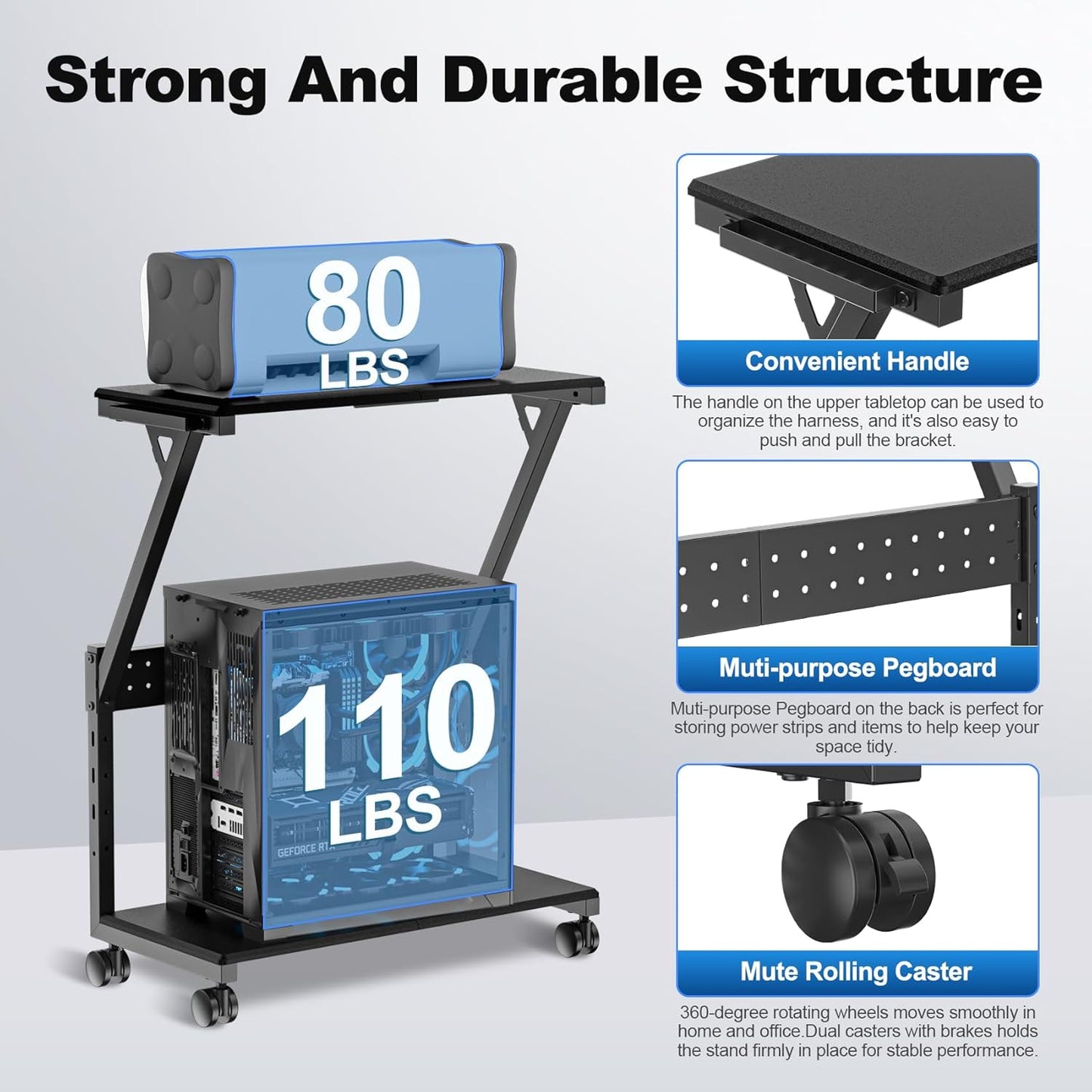 Suptek Computer Tower Stand,Height Adjustable PC Tower Stand/Cart with Wheels, Mobile Rolling CPU Holder, Computer Cart Side Stand for Computer Desk,23.22"-31.10"Hx29.13" Lx13.77" W, Black