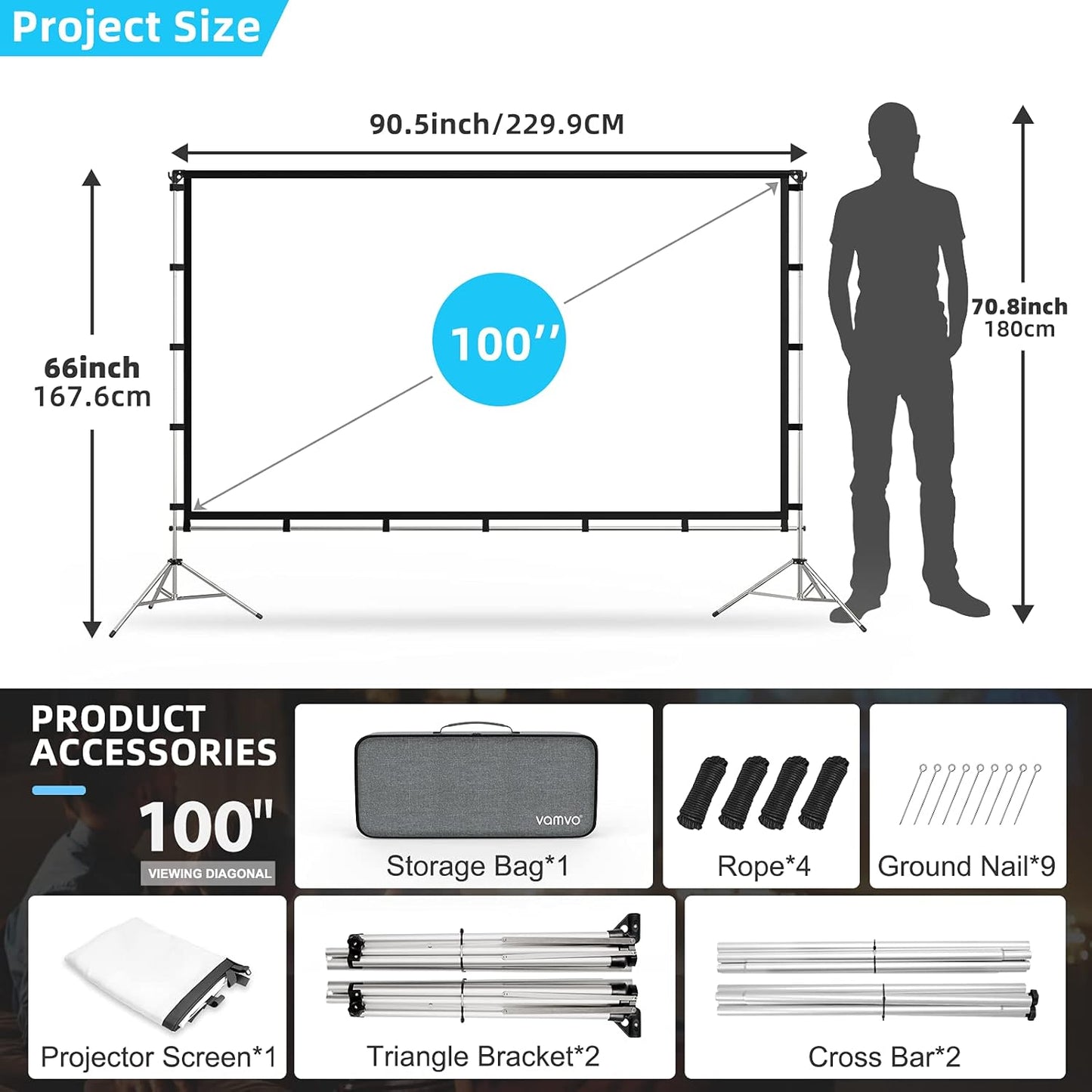 Projector Screen with Stand, Vamvo 100 inch Portable Foldable Projection Screen with Aluminum Alloy Stand Outdoor Movie Screens with Carrying Bag for Home Theater Camping and Recreational Events