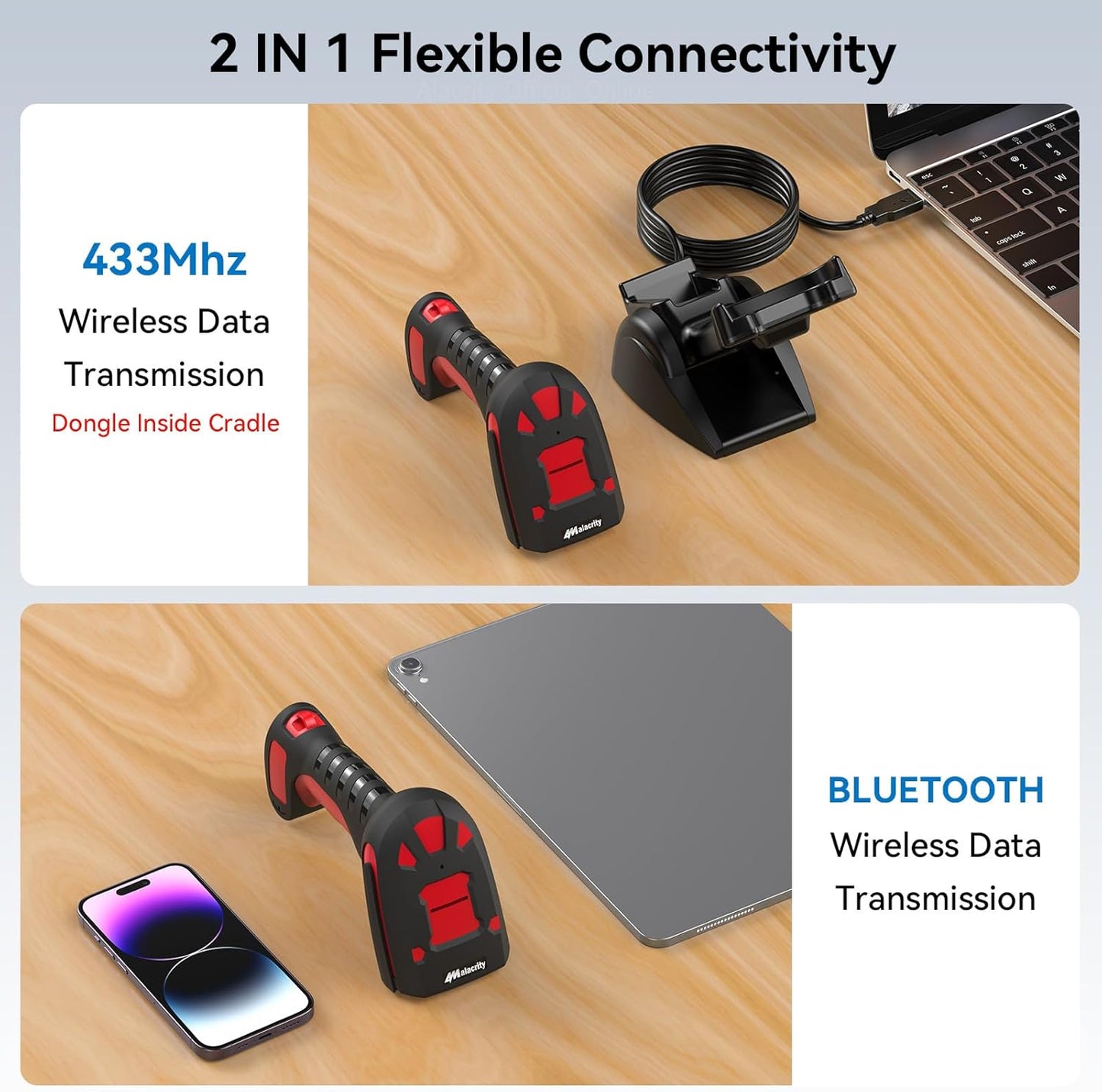 Alacrity Wireless Charging Barcode Scanner, 1D/2D Symbologies, Global Shutter Scan Sensor, Long-Distance 433MHz Wireless & Bluetooth Connectivity, Industrial Shock and Dust-Proof Barcode Reader, Red