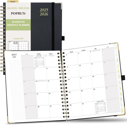 POPRUN Monthly Planner 2025-2026 Spiral Hardcover (8'' x 10''), 18 Months Calendar (Jul.2025 - Dec.2026)- 2 Pages per Month with Dotted Note Pages, Sunday Start, Laminated Tab - Black
