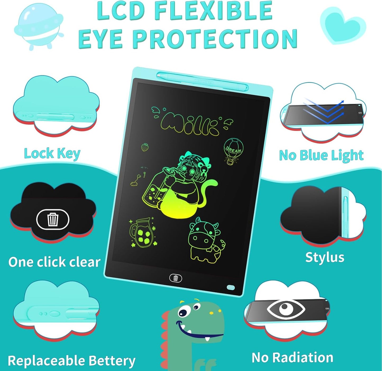 LCD Writing Board 16 Inches, Colourful Electronic Tablet, Portable Erasable Drawing Board, Graphic Tablet for Children's Games 3 4 5 6 7 Year Old Kid Boys Girls (Blue)