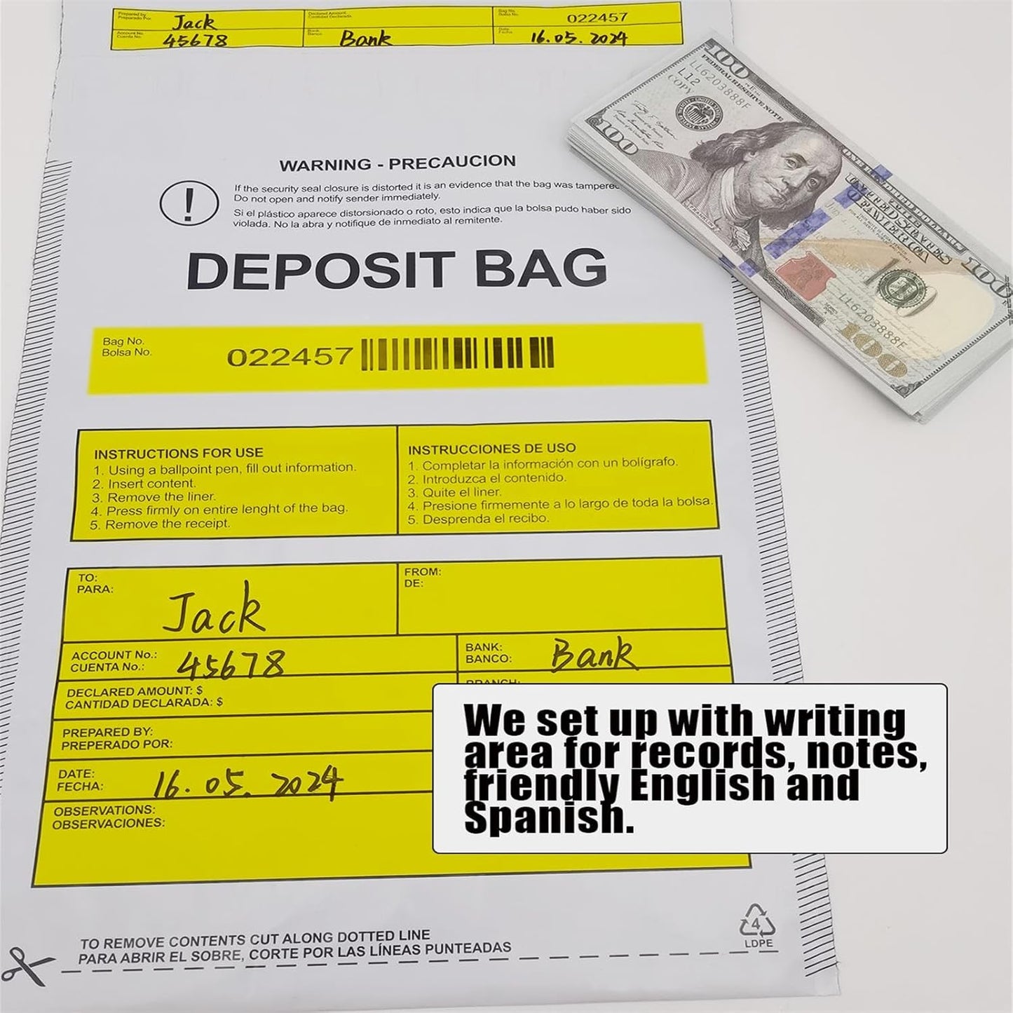Plastic Deposit Bags 100 Pack 9''x12'', Opaque Security Bank Deposits,Cash register,Money bag for Cash,Bank Pocket,Tamper-Evident,Unique Barcode