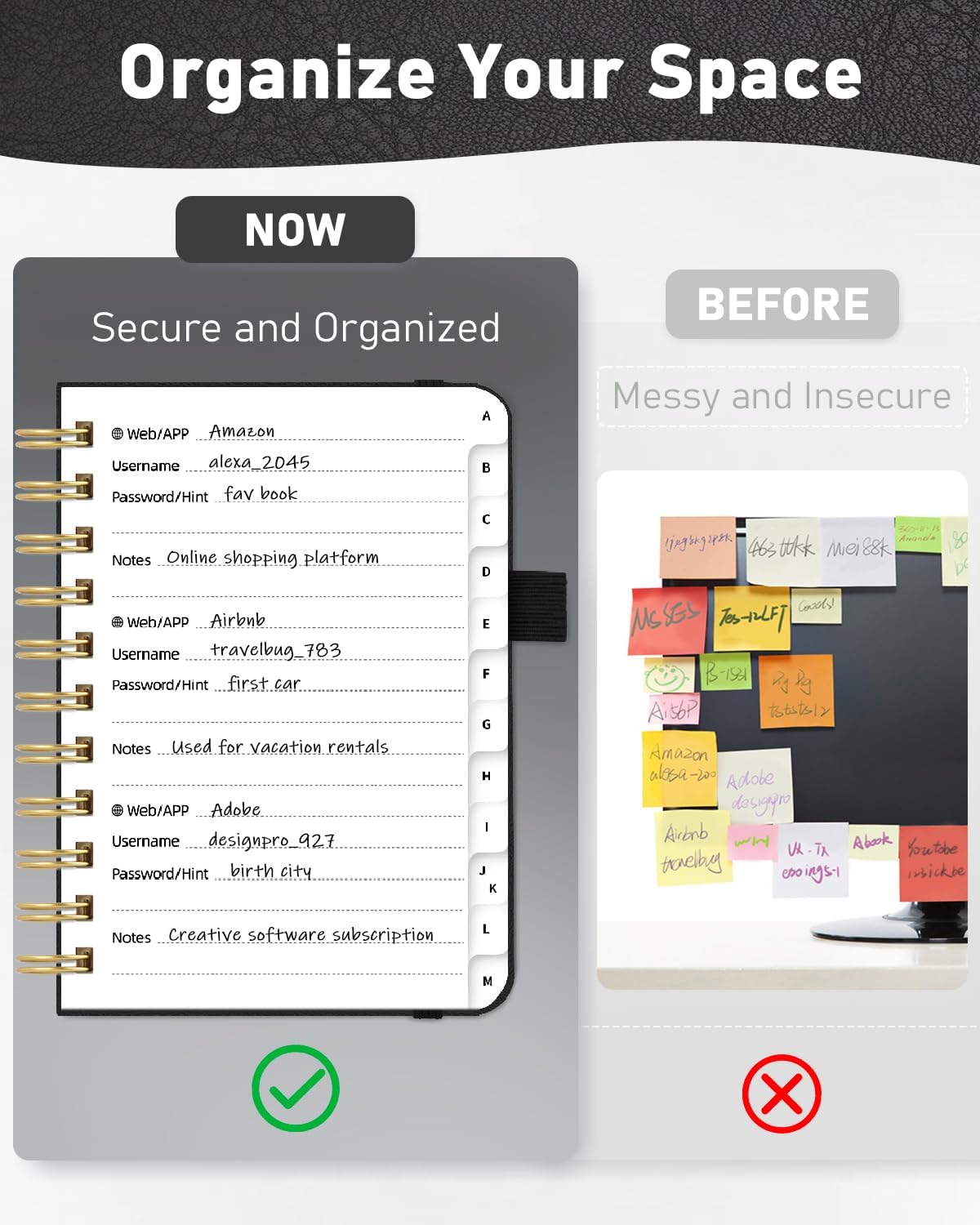 WEMATE Password Book with Alphabetical Tabs, Spiral Password Keeper Book for Seniors, Internet Password Notebook Password Journal Logbook Log in Detail, Small – 4.7''x 6'' (Black)