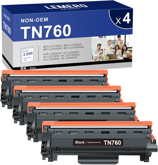 LEMERO UEXPECT TN760 Toner Compatible for Brother Printer Replacement for Brother TN760 TN-730/TN-760 TN730 High Yield for MFC-L2710DW MFC-L2717DW HL-L2350DW HL-L2395DW DCP-L2550DW Printer, 4 Pack