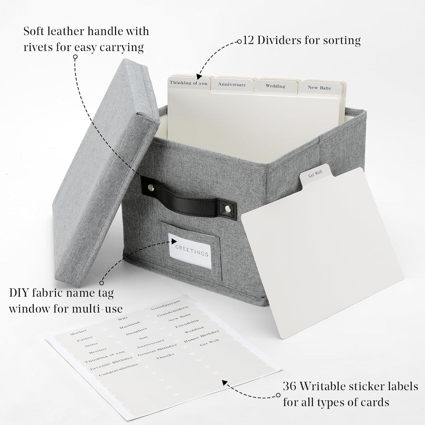 Greeting Card Organizer with dividers - Storage Box with lid Holds 150+ Cards - Assortment Box for Greeting Cards,Recipes, Photos, Envelopes, Keepsake - 9 x 9 x 7 Inches (Gray, 1 pcs)