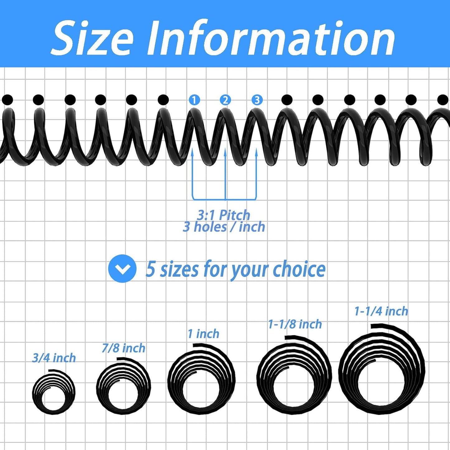 Rayson 25.4mm Plastic Spiral Coil Binding 3:1 Pitch, 1 inch, 210 Sheets Capacity Black Coil Binding Spines - Versatile for Office and Educational Tasks, Pack of 50