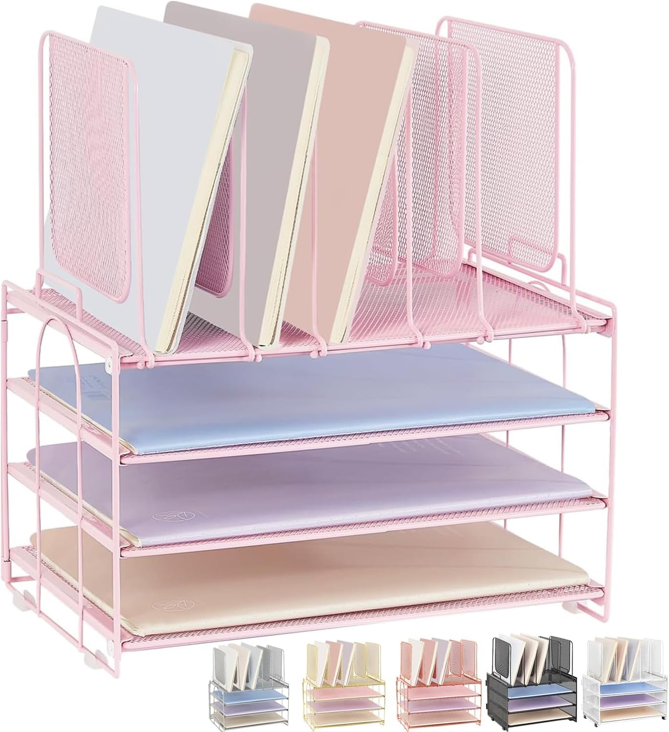 Paper Desk Organizer, 3-Tier Letter Tray with 5 Vertical File Holders, Multifunction Desktop Folder Organizers and Accessories for Home Office(Pink), LK-3CB
