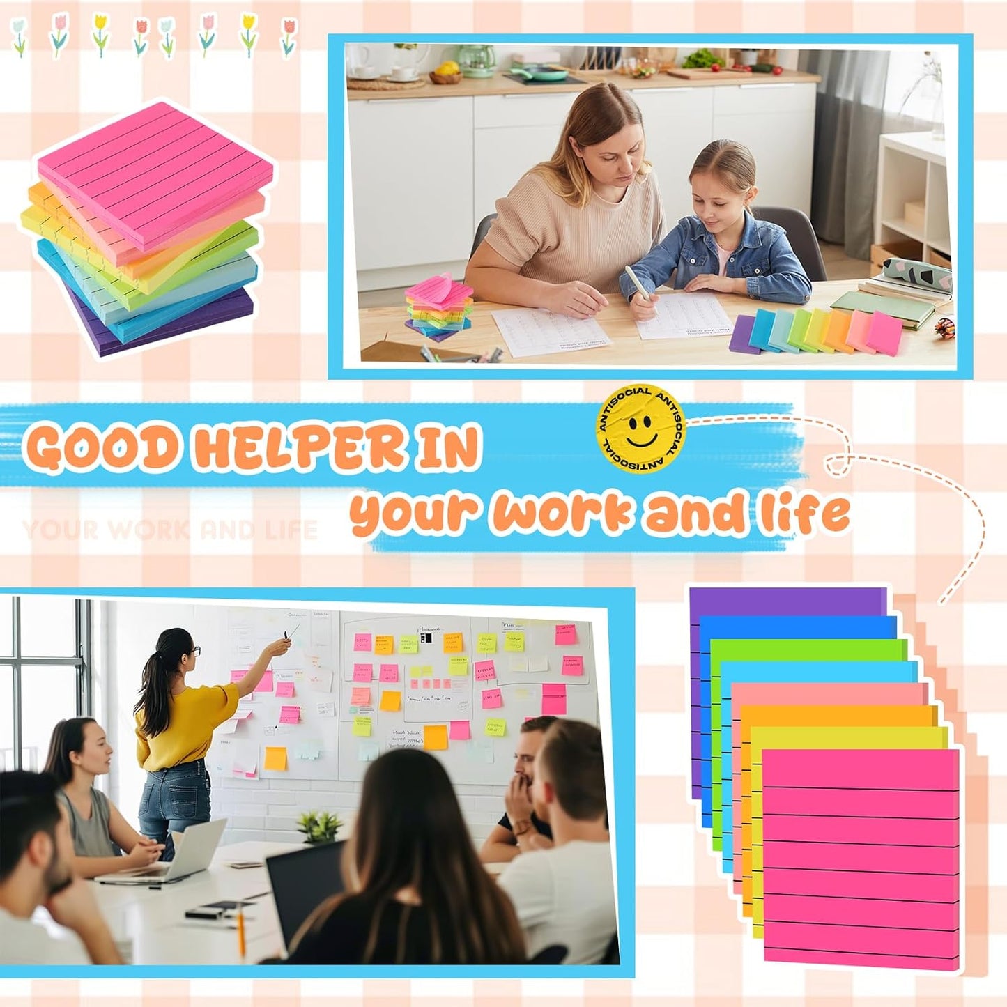 Leinuosen 64 Pack Lined Sticky Notes Self Stick Notes with Lines Bright Assorted Colors Sticky Pad for Home Office Products Post Memos, 2560 Sheets